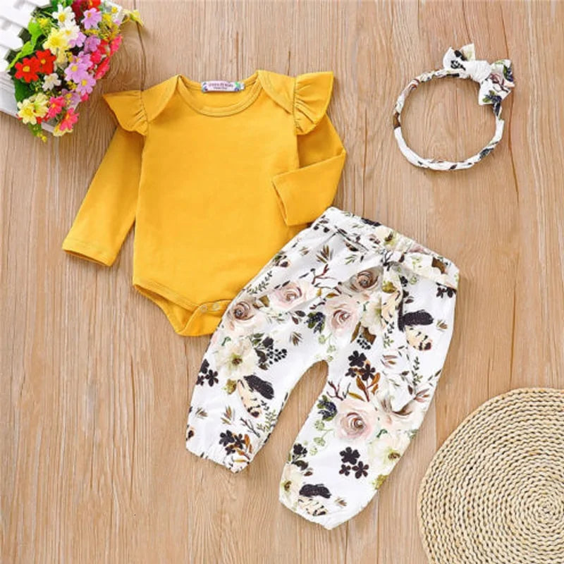 Baby Girl 3-Piece Romper Set – Jumpsuit, Floral Pants & Headband