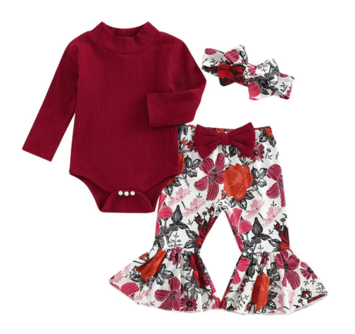Girls' Cotton Blend Long Sleeve Outfit with Semi-High Collar