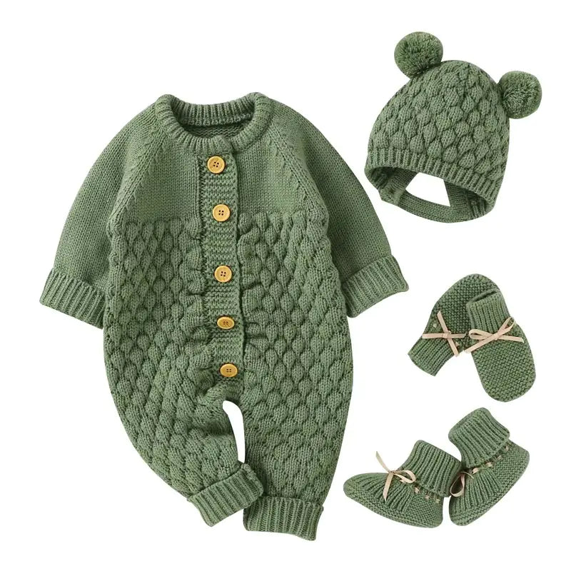 Knitted Baby Romper Set – Hat, Mittens & Booties