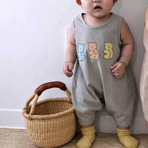 MILANCEL Cotton Bear Print Sleeveless Jumpsuit – Soft and Breathable for Boys/Girls