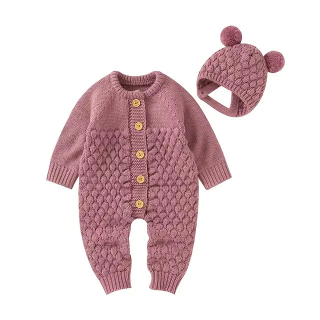 Knitted Baby Romper Set – Hat, Mittens & Booties