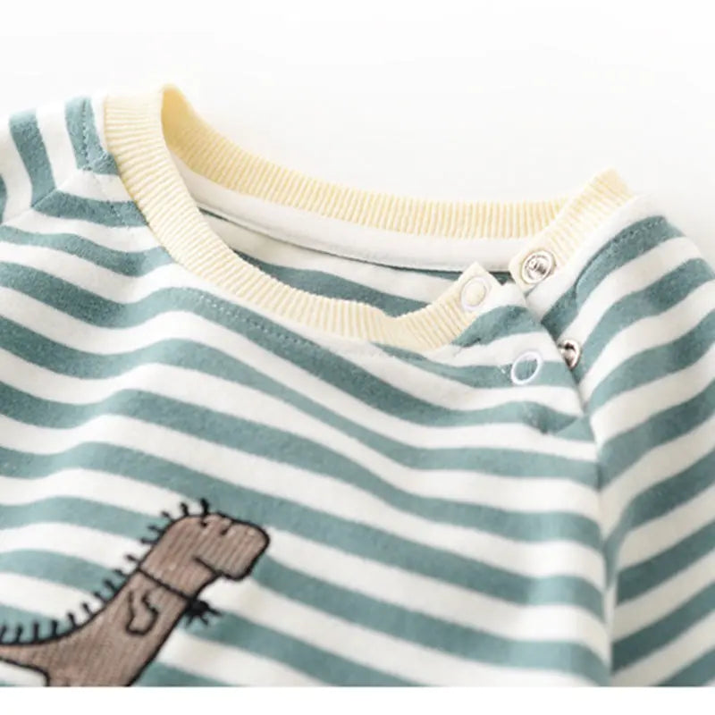MILANCEL Striped Cotton Baby Romper with Dinosaur Embroidery