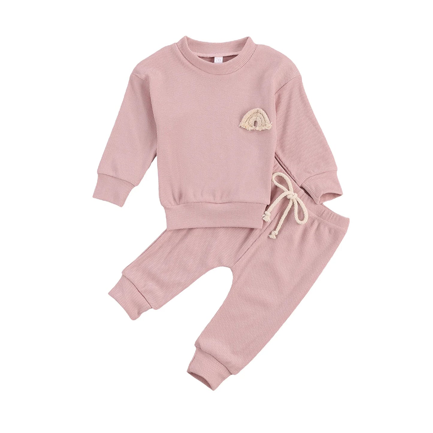 Newborn Baby Clothes Set with Rainbow Embroidery Top and Drawstring Pants