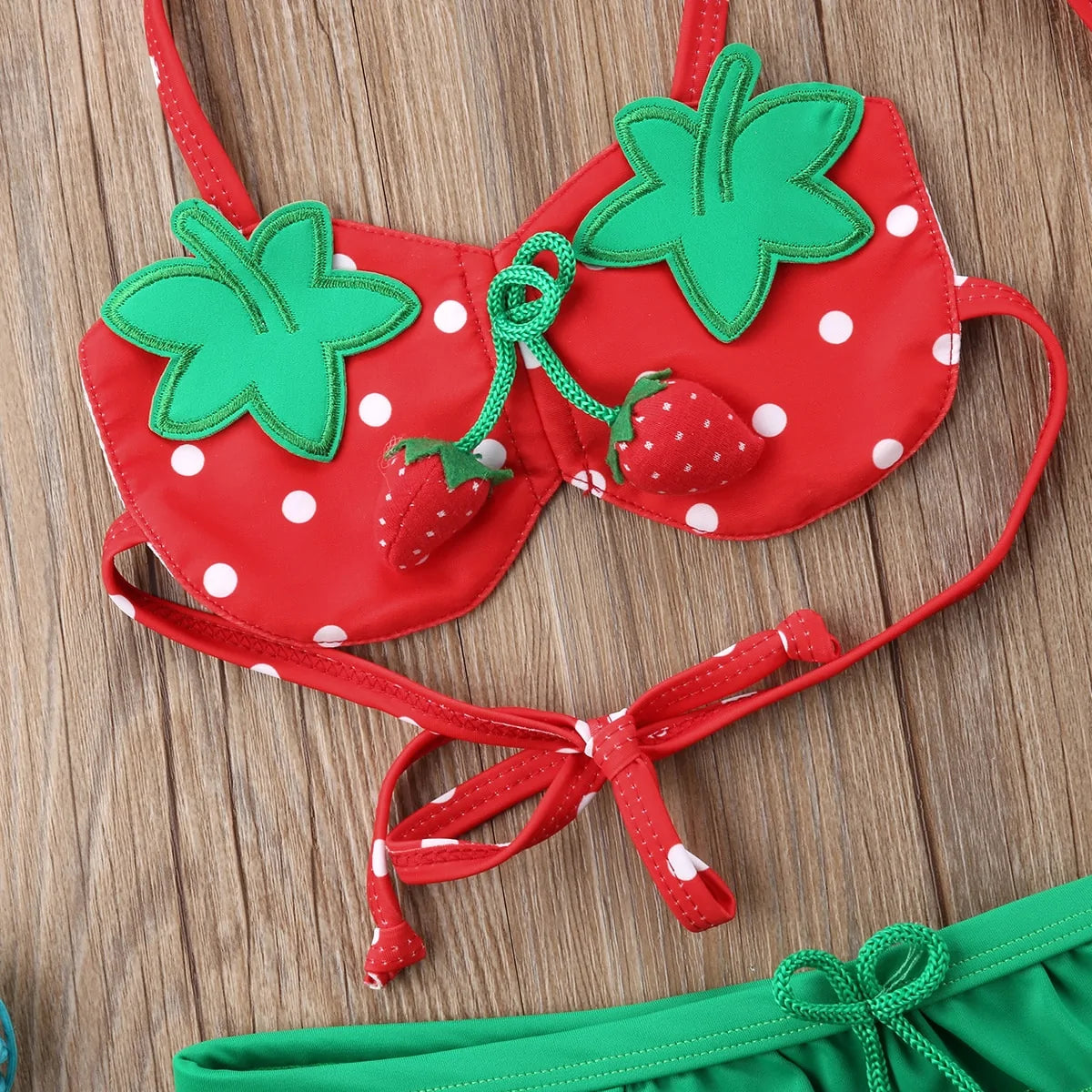 Sweet Strawberry Splash Bikini and Hat for Girls