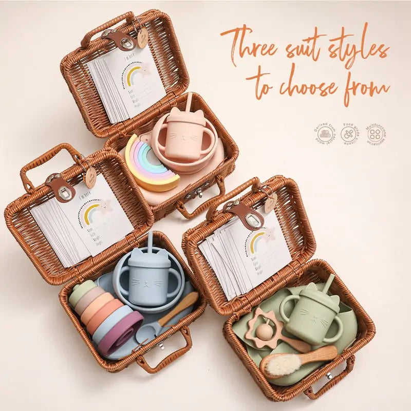 Baby Feeding Tableware Box Set with Silicone Bib, Stacking Toy, and Vintage Dishes