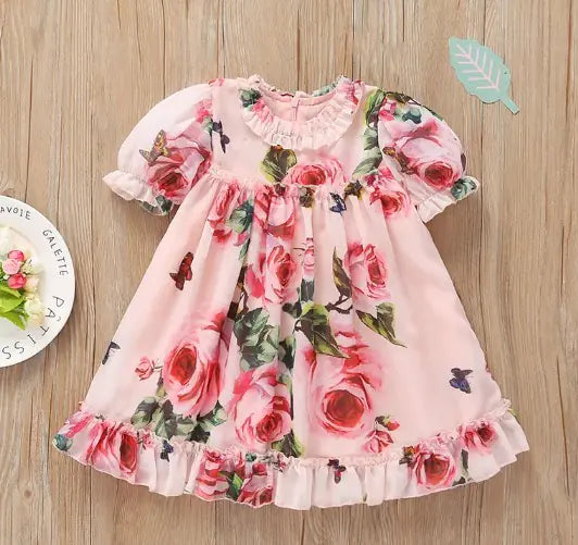 Cute Baby Girls Flower Puff Sleeve A-Line Dress