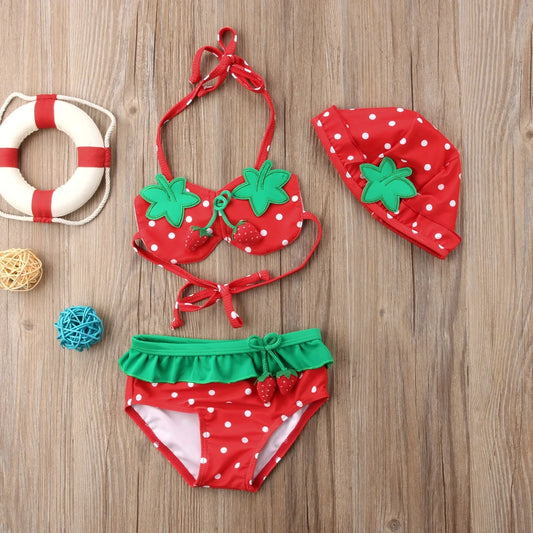 Sweet Strawberry Splash Bikini and Hat for Girls