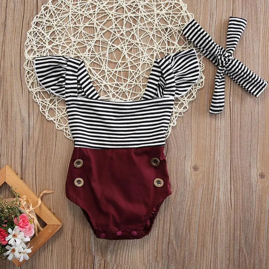 Striped Bodysuit Set with Button Shorts & Ribbon Headband
