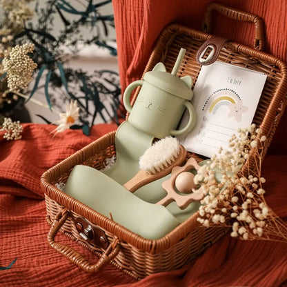 Baby Feeding Tableware Box Set with Silicone Bib, Stacking Toy, and Vintage Dishes