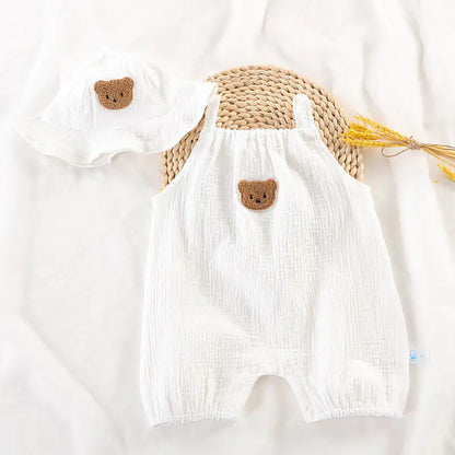 Soft Cotton Bear Patch Romper & Sun Hat Set