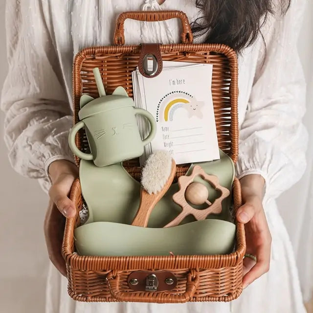 Baby Feeding Tableware Box Set with Silicone Bib, Stacking Toy, and Vintage Dishes