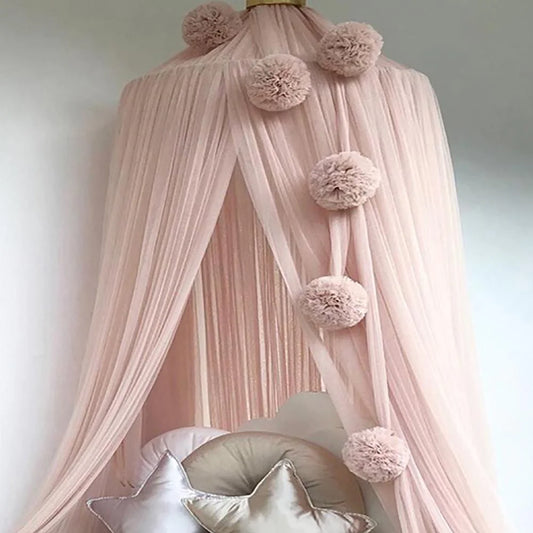 Decorative Mosquito Net with Fur Balls for Kids' Rooms