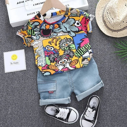 Boys' Summer Graffiti Outfit with Sunhat: T-shirt & Denim Shorts Set