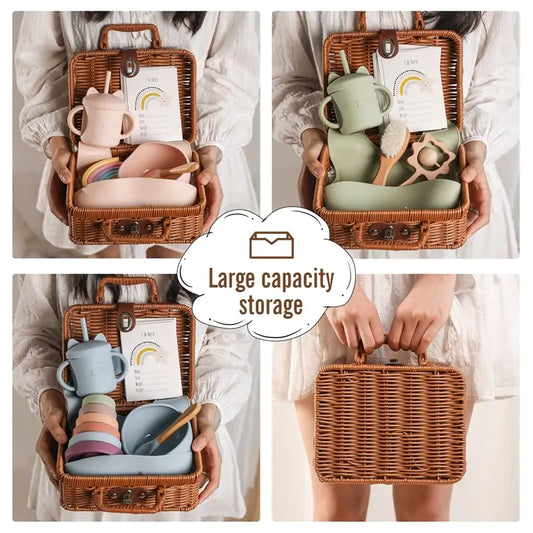 Baby Feeding Tableware Box Set with Silicone Bib, Stacking Toy, and Vintage Dishes