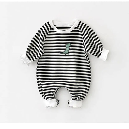 MILANCEL Striped Cotton Baby Romper with Dinosaur Embroidery