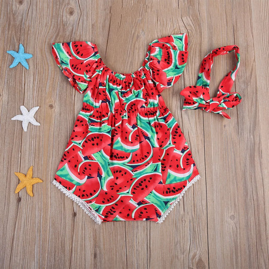 Watermelon Print Bodysuit Set with Matching Headband