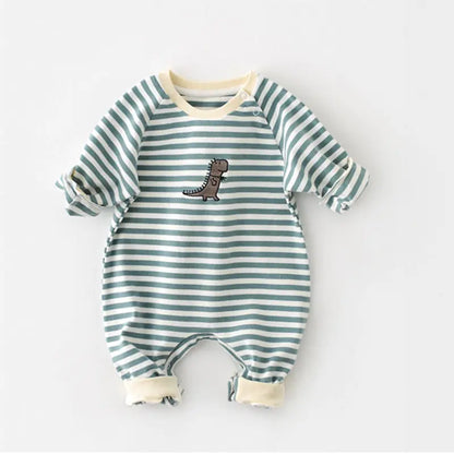 MILANCEL Striped Cotton Baby Romper with Dinosaur Embroidery
