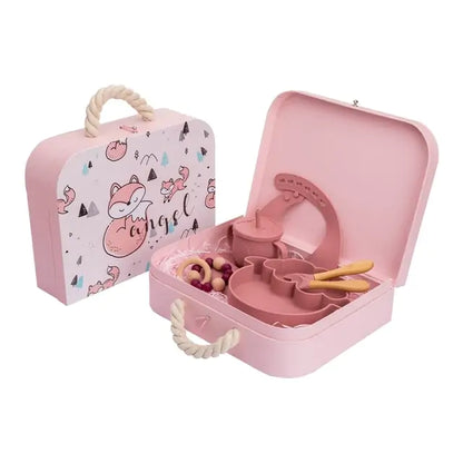 Baby Feeding Tableware Box Set with Silicone Bib, Stacking Toy, and Vintage Dishes
