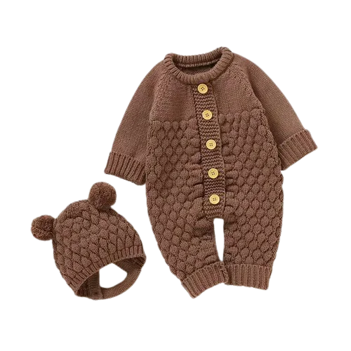 Knitted Baby Romper Set – Hat, Mittens & Booties