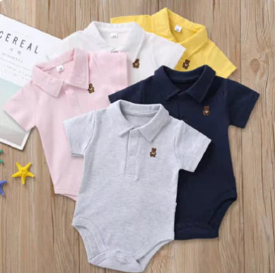 Cotton Bear Embroidered Polo Collar Romper for Baby Boy