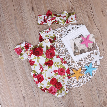 Baby Girls Jumpsuit Romper and Headband Set with Charming Print