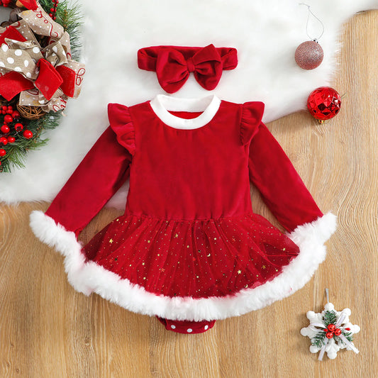 Star & Moon Holiday Baby Romper Set – Includes Matching Headband