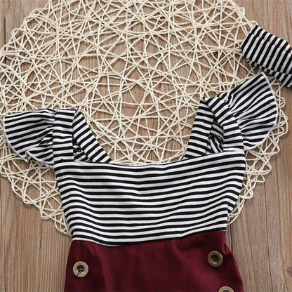 Striped Bodysuit Set with Button Shorts & Ribbon Headband