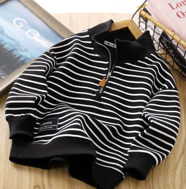 Trendy Boys Striped Casual Polo Collar Zip Sweater