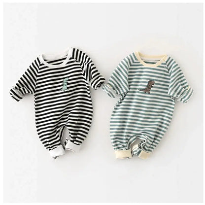 MILANCEL Striped Cotton Baby Romper with Dinosaur Embroidery