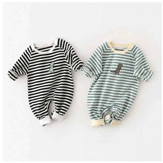MILANCEL Striped Cotton Baby Romper with Dinosaur Embroidery