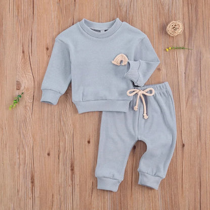 Newborn Baby Clothes Set with Rainbow Embroidery Top and Drawstring Pants