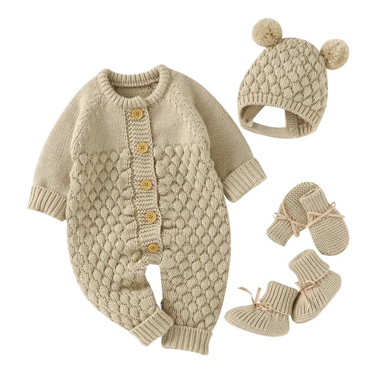Knitted Baby Romper Set – Hat, Mittens & Booties