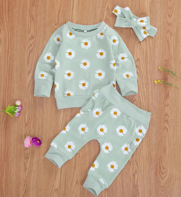 2-Piece Cotton Chrysanthemum Baby Pants Suit – Soft Long Sleeve Set in Yellow, Pink & Green