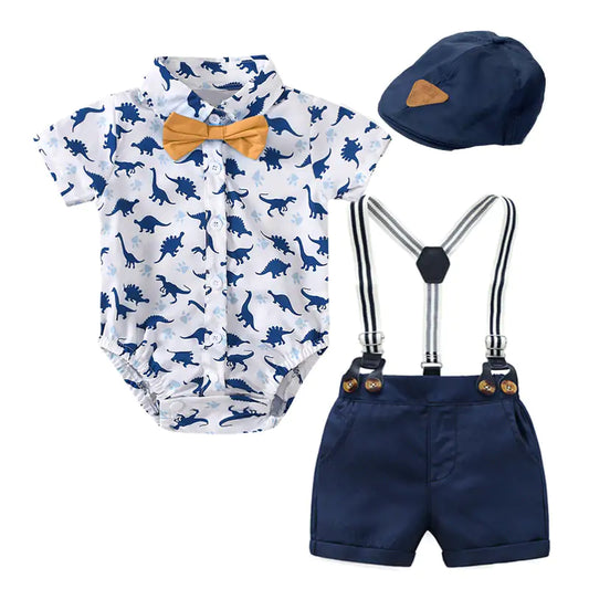 Dino Print Baby Boy Outfit Set – Jumpsuit & Suspender Shorts
