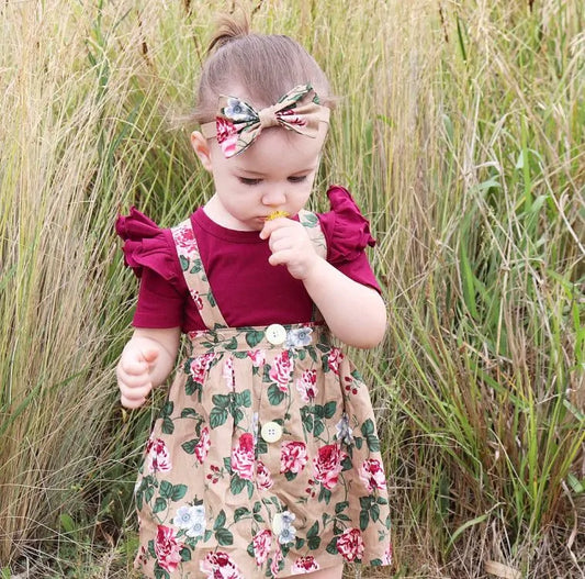 Floral Romper Strap Dress Set with Headband for Girls