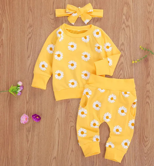 2-Piece Cotton Chrysanthemum Baby Pants Suit – Soft Long Sleeve Set in Yellow, Pink & Green