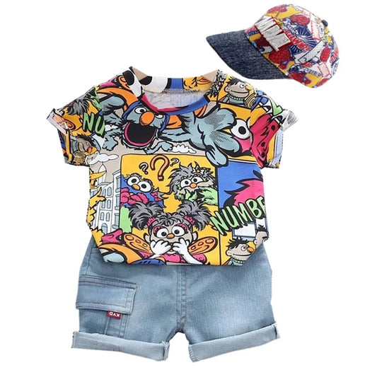 Boys' Summer Graffiti Outfit with Sunhat: T-shirt & Denim Shorts Set