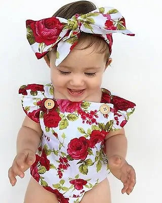 Baby Girls Jumpsuit Romper and Headband Set with Charming Print