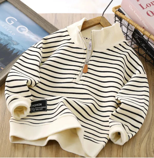 Trendy Boys Striped Casual Polo Collar Zip Sweater