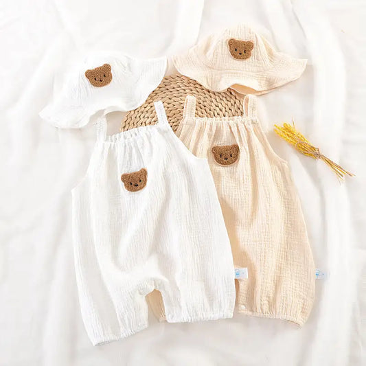 Soft Cotton Bear Patch Romper & Sun Hat Set