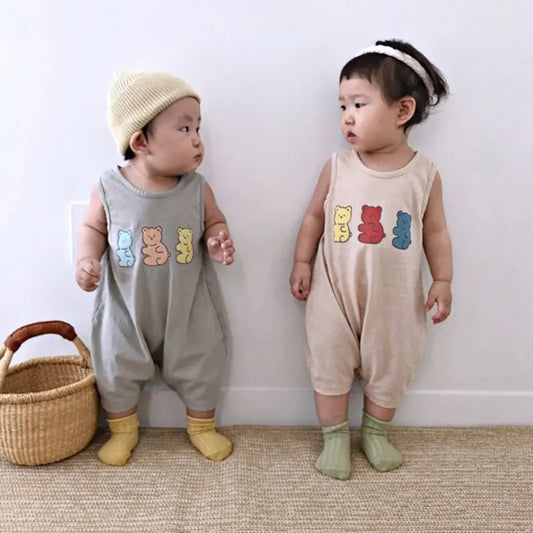 MILANCEL Cotton Bear Print Sleeveless Jumpsuit – Soft and Breathable for Boys/Girls