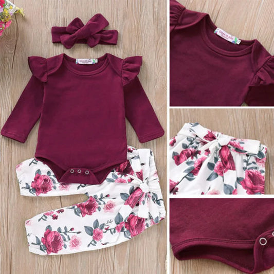 Baby Girl 3-Piece Romper Set – Jumpsuit, Floral Pants & Headband