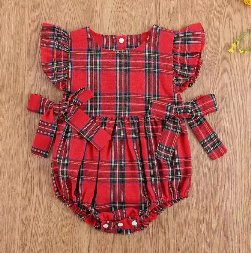 Flounced Sleeve Christmas Plaid Romper Set