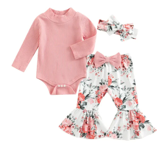 Girls' Cotton Blend Long Sleeve Outfit with Semi-High Collar